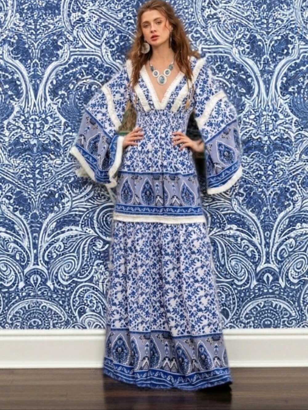 Blue A-Line Deep V Dress